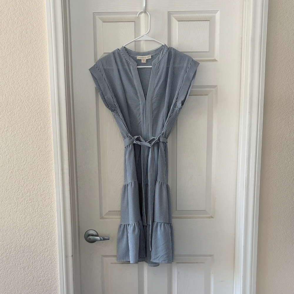 Striped V-Neck Tie-Waist Midi Dress - Blue/White